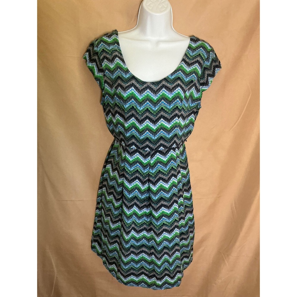 Material Girl Chevron Mini Dress Womens XL Green Blue Excellent Cap Sleeve Rayon
